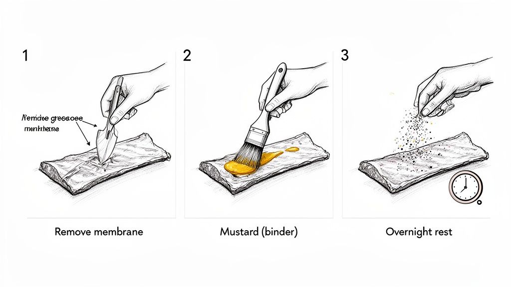 Three illustrated steps demonstrating how to prepare ribs: removing membrane, applying mustard, and seasoning for an overnight rest.