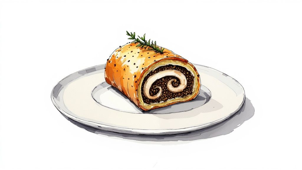 A delightful savory pastry, possibly a vegetarian Wellington, with a spiral filling and rosemary on a white plate.