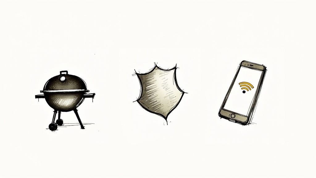 A person is using tongs to place food on a modern pellet BBQ grill in a sunny garden setting.