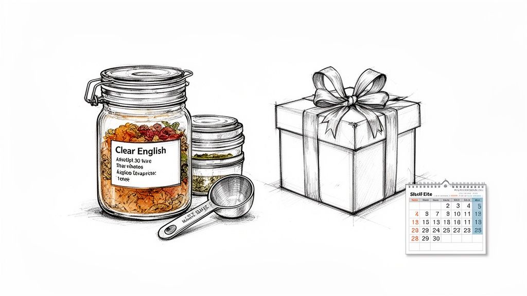 A sketch of glass jars filled with spices, a measuring spoon, a wrapped gift box, and a calendar.