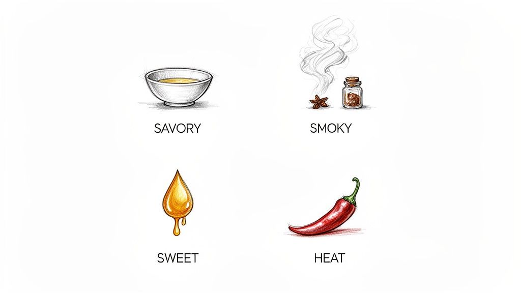 Illustrations of savory broth, smoky spices, sweet honey, and a red chili for heat.