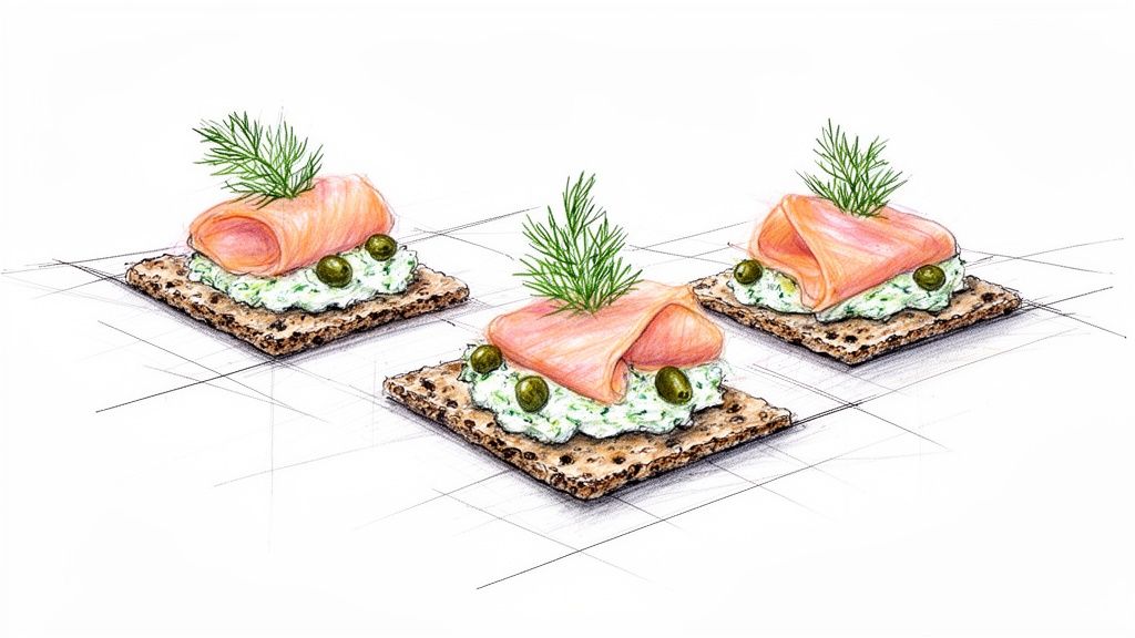 An illustration of three elegant appetizers with smoked salmon, cream cheese, capers, and dill on crackers.