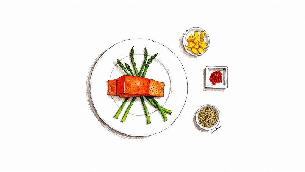A plate of perfectly cooked salmon served with roasted asparagus and a fresh salad.