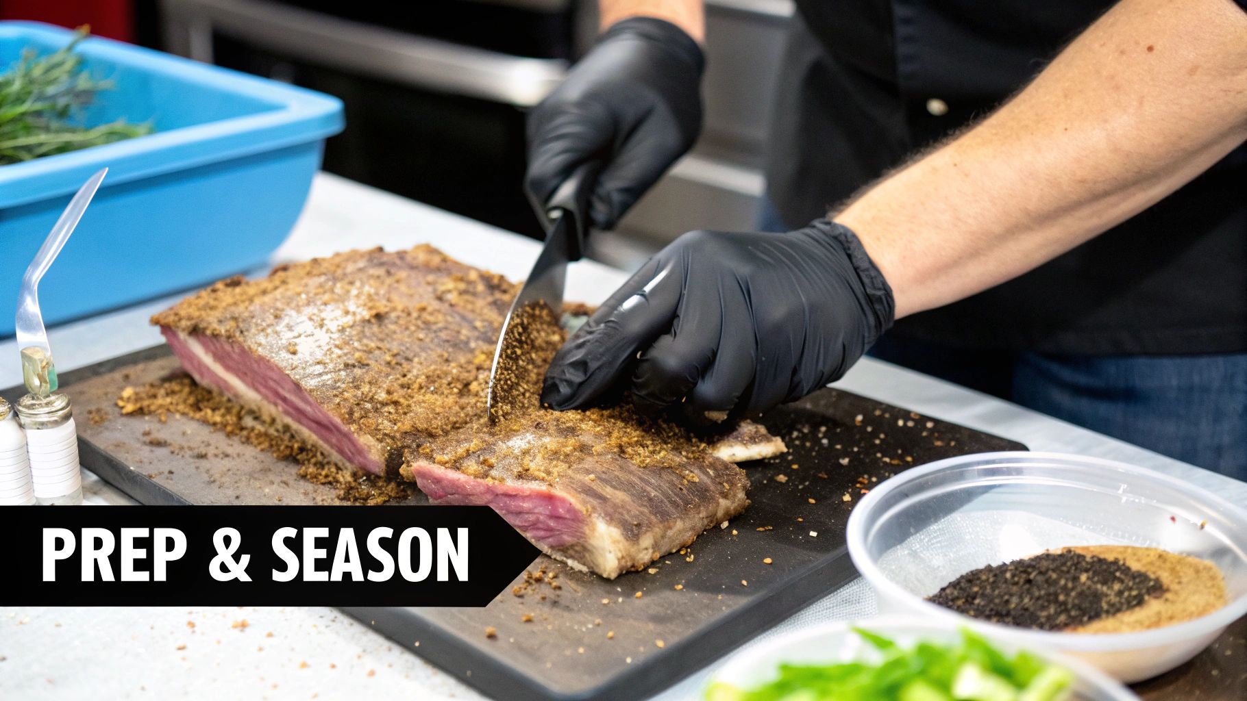 A whole raw brisket being seasoned on a wooden cutting board before smoking.