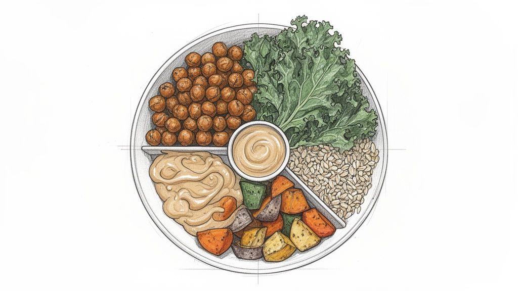Overhead view of a healthy segmented plate featuring chickpeas, kale, grains, roasted vegetables, and two creamy dips.