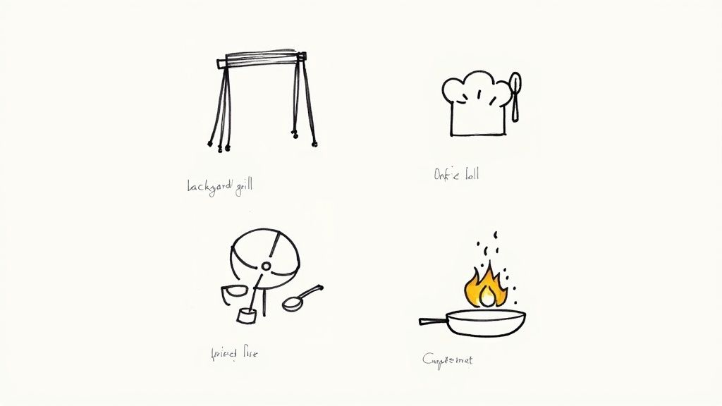 A man is seasoning a large cut of meat on a BBQ grill with Smokey Rebel rubs, surrounded by friends and family.