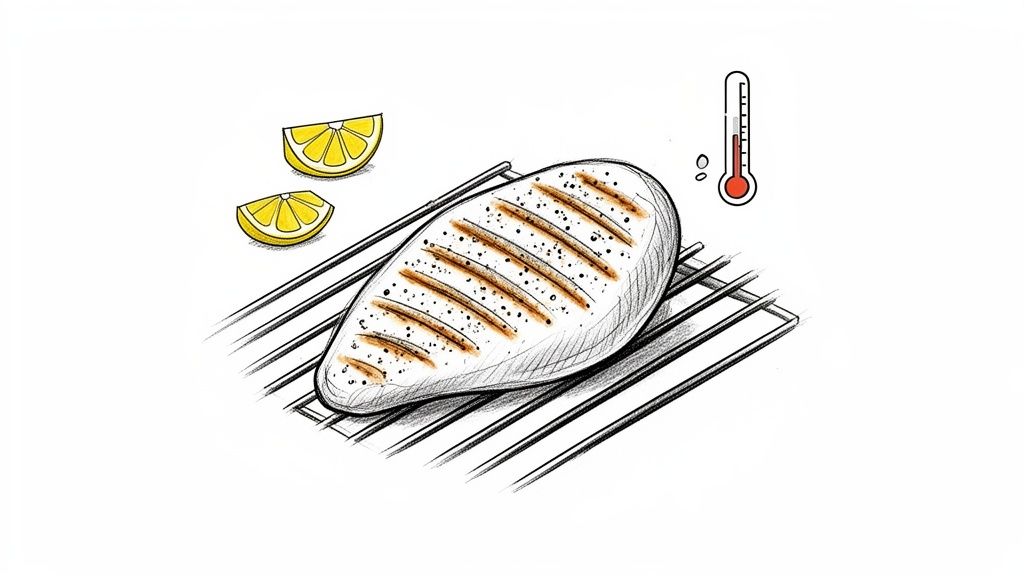 Illustration of a grilled chicken breast on a rack with lemon wedges and a cooking thermometer.