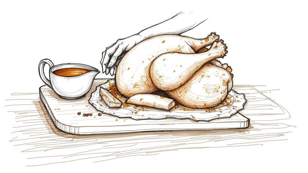 A perfectly carved Christmas chicken on a platter surrounded by roasted vegetables and fresh herbs.