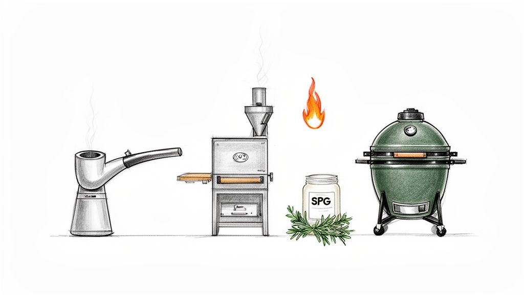 An illustration showing various BBQ and smoking equipment, including a cold smoker, pellet grill, and kamado grill, with spices.