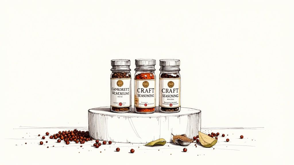 A curated gift box of Smokey Rebel BBQ rubs, beautifully arranged on a wooden surface with fresh herbs.