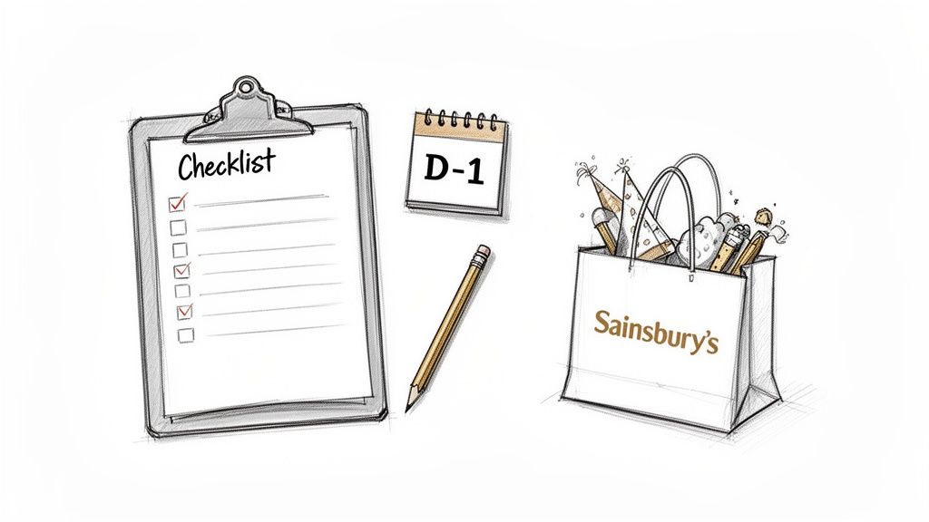 A sketch showing a checklist on a clipboard, a 'D-1' calendar, a pencil, and a Sainsbury's bag filled with party items.