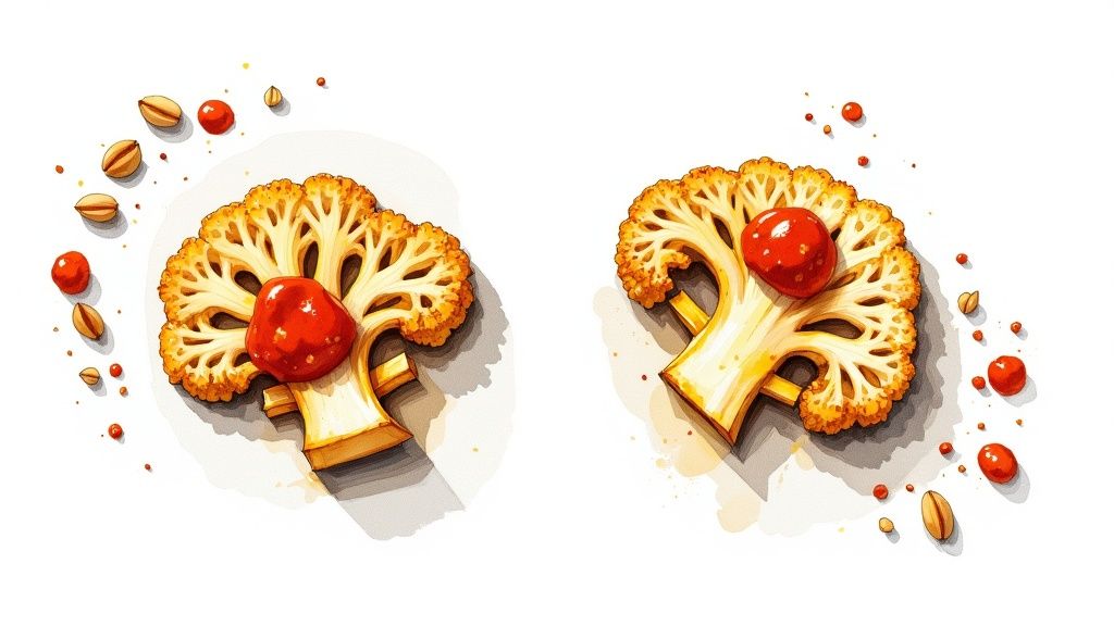 Two illustrated cauliflower slices, topped with red sauce or berries, and scattered nuts on white.