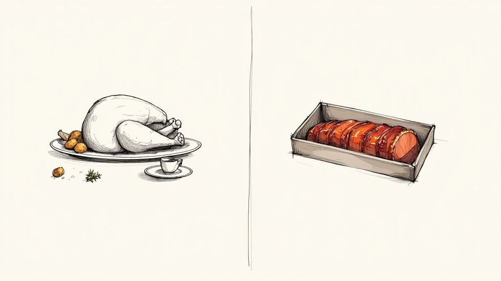 Comparison illustration showing traditional roasted turkey dinner versus modern sliced meat preparation in container