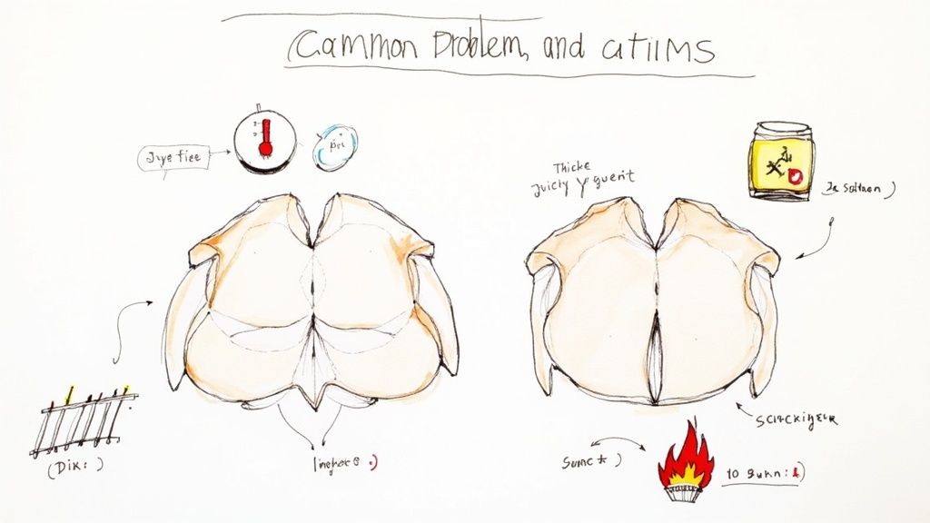 A person using tongs to turn chicken skewers on a barbecue grill, with flames licking up.