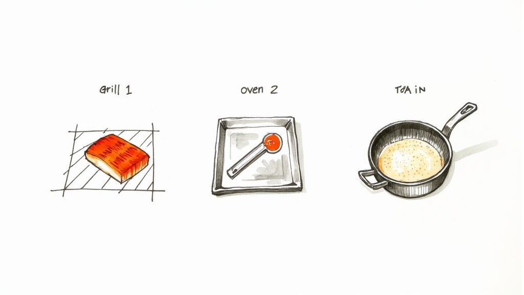 Marinated salmon fillet cooking on a grill with visible char marks and lemon slices nearby.