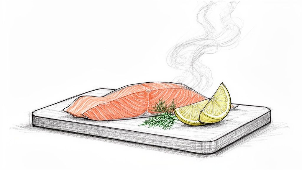 A vibrant sketch of a fresh salmon fillet with lemon wedges and dill on a cutting board, with steam.