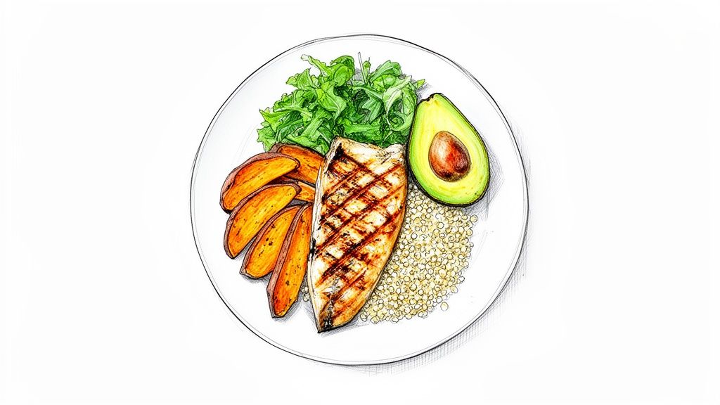 A balanced meal featuring grilled chicken, sweet potato wedges, arugula, avocado, and quinoa on a plate.