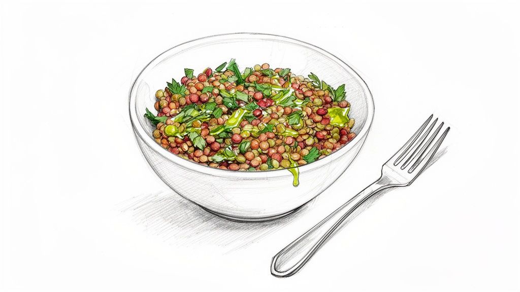 A colorful sketch showing a bowl of lentil salad with green herbs, a dressing drizzle, and a fork.