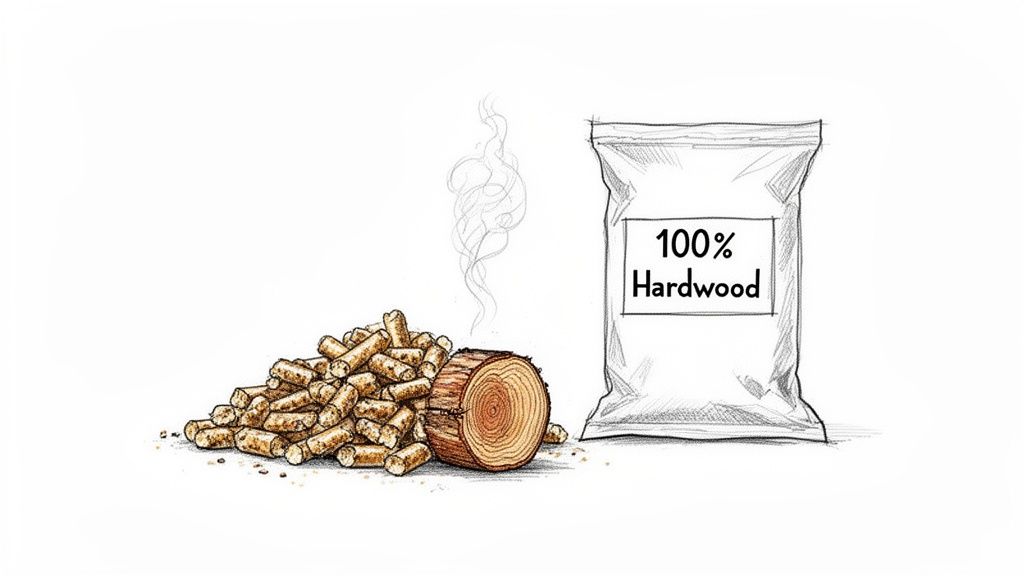 Pile of hardwood wood pellets next to a log with rising smoke and a bag labeled 100% Hardwood.