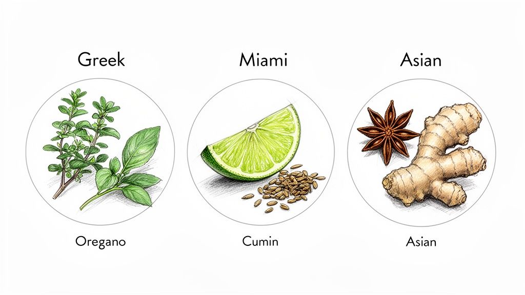 Illustrations of Greek oregano, Miami lime and cumin, and Asian star anise and ginger flavor pairings.