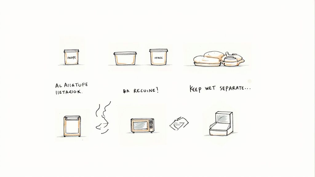 A person neatly stacking labelled glass meal prep containers in a refrigerator.