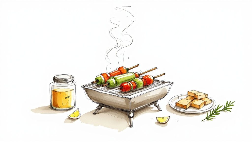 A vibrant platter of grilled halloumi kebabs with colourful vegetables.