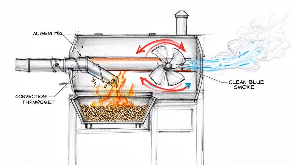 Diagram showing the internal workings of a pellet grill with an auger, burning wood pellets, and smoke.