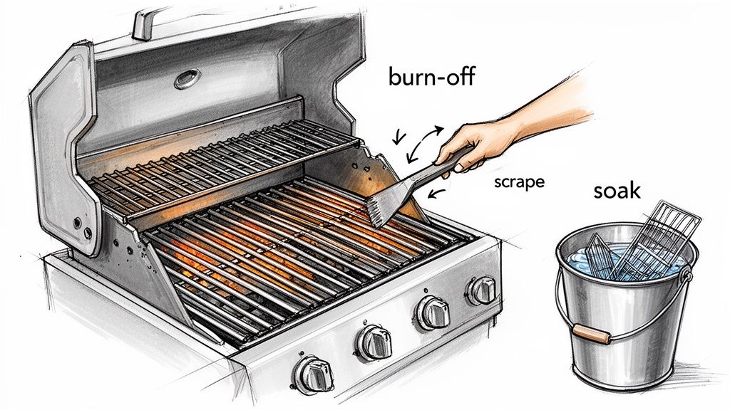 Illustration showing steps to clean a BBQ grill: burn-off, scraping, and soaking grates.