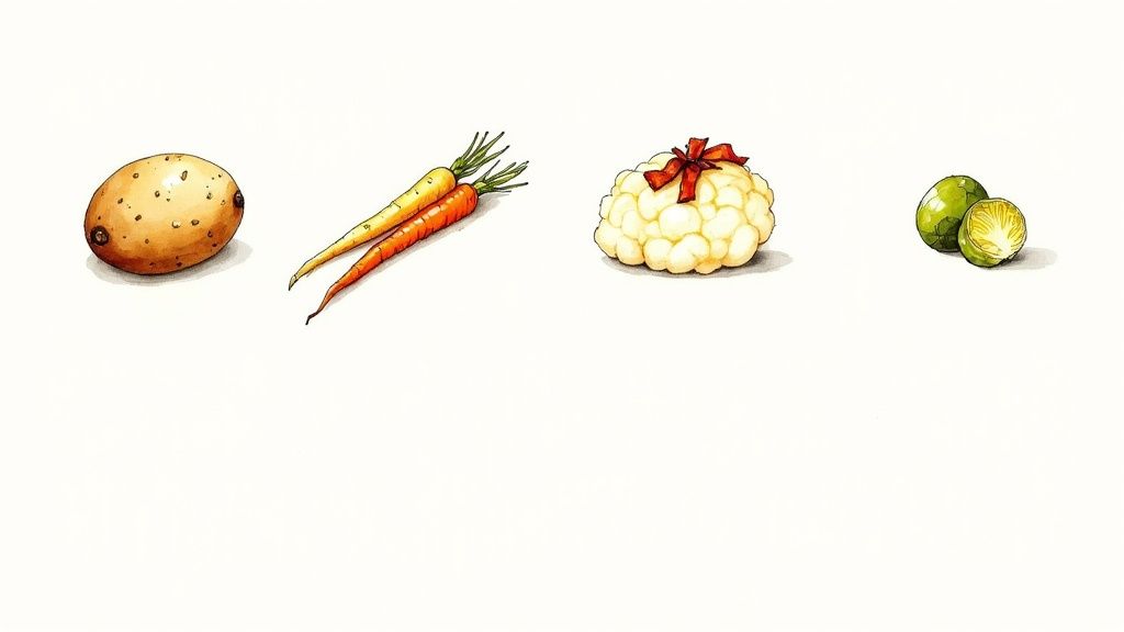 Watercolor illustration of fresh vegetables including potato, carrots, cauliflower, and brussels sprouts for Christmas dinner