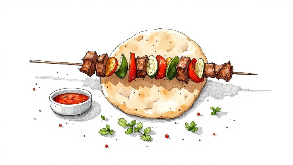 Juicy, grilled kebabs on skewers ready to be served with chili sauce.