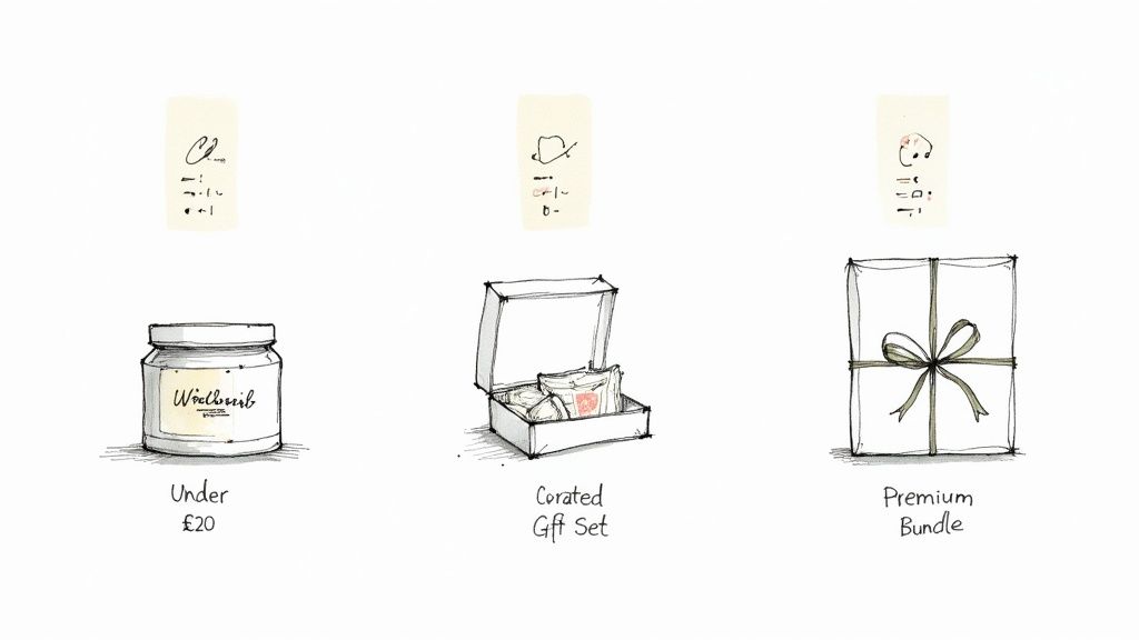 Three hand-drawn gift options: a jar under £20, a curated gift set, and a premium bundled gift box.