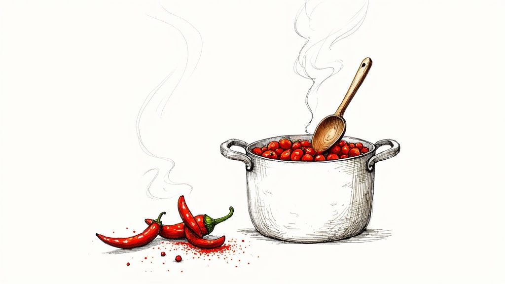 A delicious-looking chili sauce in a small bowl, garnished with fresh herbs and served next to kebabs.