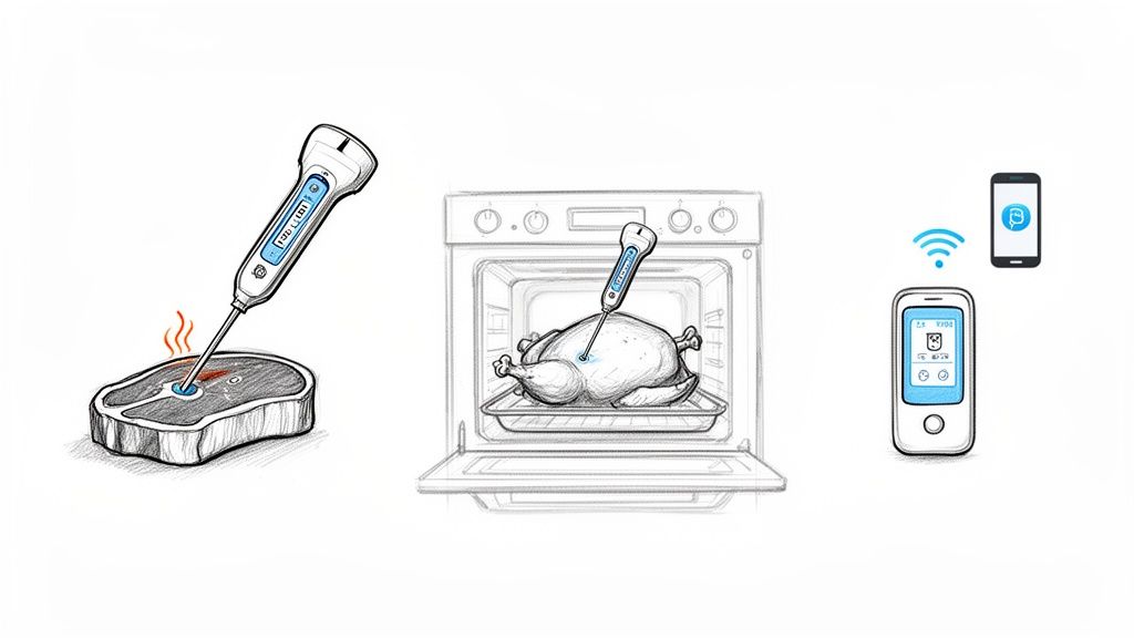 Illustration of smart meat thermometer measuring steak and chicken temperature, wirelessly connected to a smartphone.