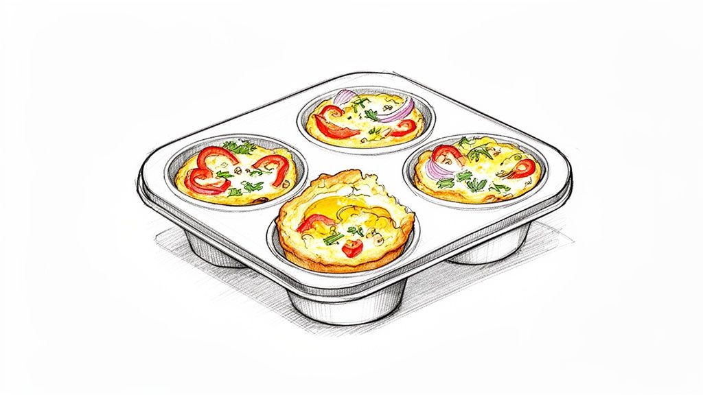 A detailed sketch of a four-cup muffin tin filled with colorful, baked egg muffins topped with vegetables.