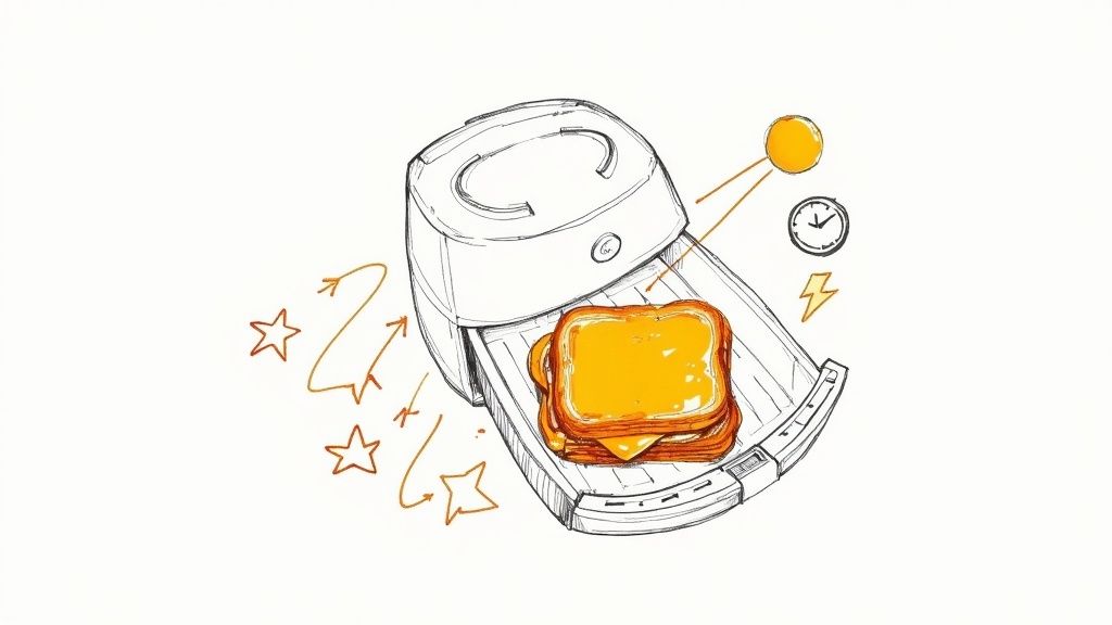 A perfectly golden air fryer cheese toastie cut in half to show the melted cheese.