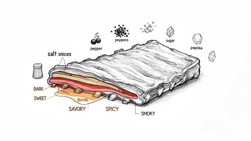 An illustrated cross-section of ribs showing different flavor layers like sweet, savory, spicy, and smoky, along with ingredients such as salt, pepper, sugar, and paprika.