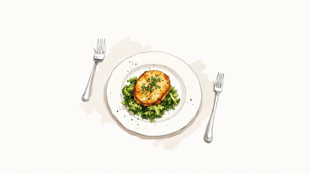 A plated serving of potato and broccoli bake next to a green salad.