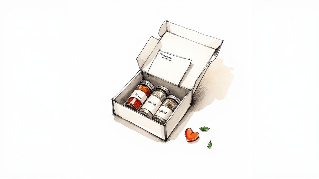 A watercolor illustration of an open gift box holding three spice jars, a note, and a heart.