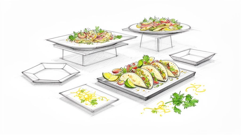 A detailed sketch of various party foods like salads and tacos, presented with empty serving dishes.