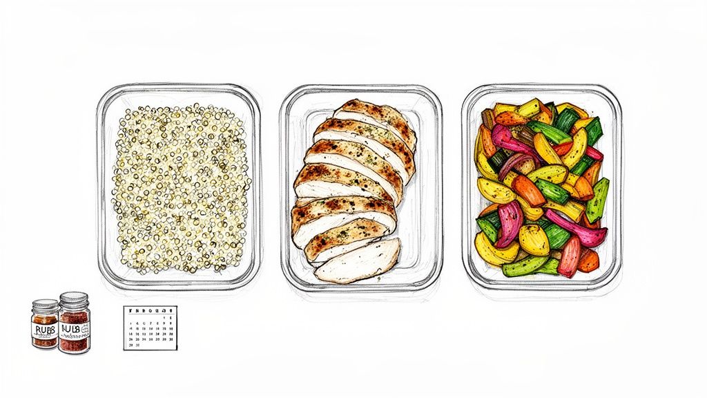 Three clear containers with a healthy meal prep of quinoa, sliced chicken, and colorful roasted vegetables.