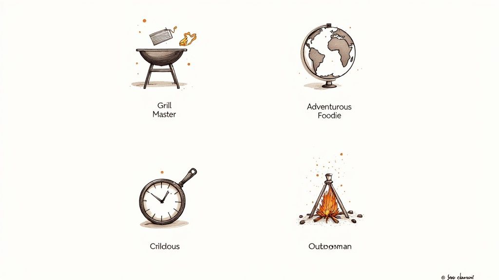 Four whimsical illustrations depicting different male hobbies: grilling, world travel, cooking, and camping.