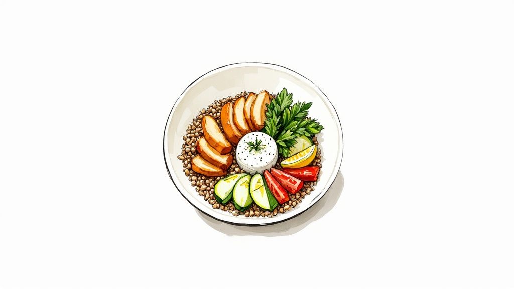 A colourful and healthy Greek-style chicken bowl with fresh vegetables and grains.