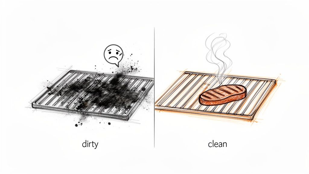 Illustration comparing a dirty barbecue grill with a sad face to a clean grill with a sizzling steak.