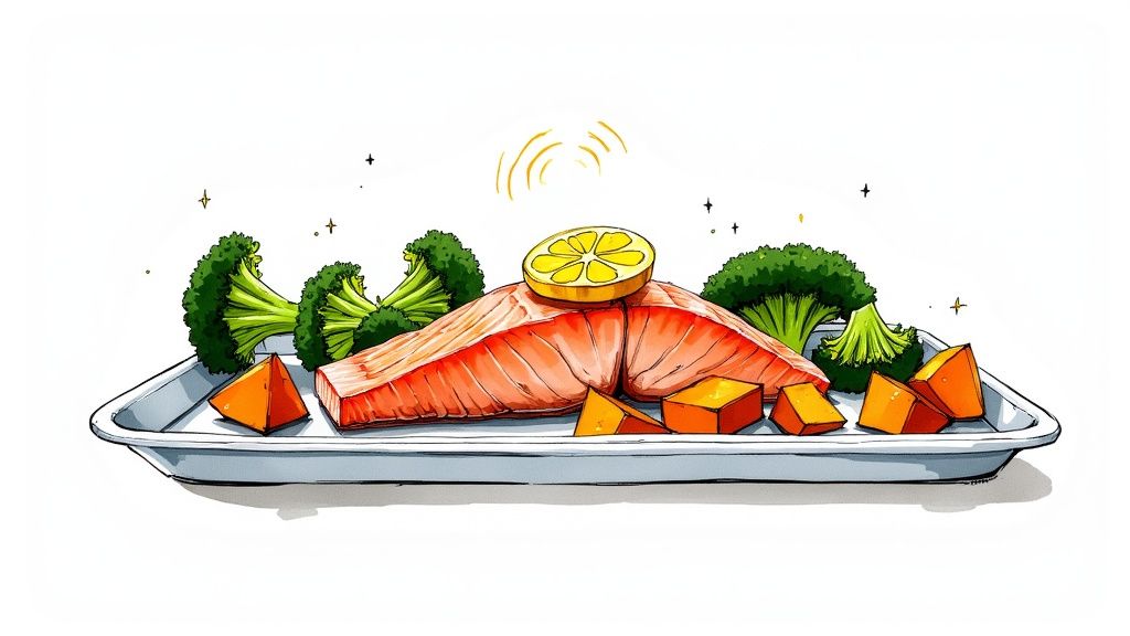 An illustrated healthy meal featuring a salmon fillet with lemon, broccoli, and cubed orange vegetables on a tray.