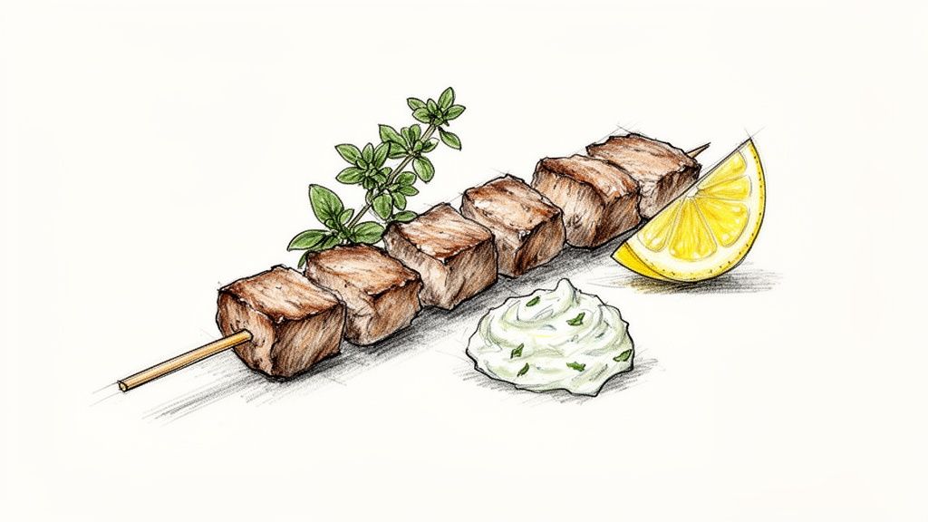 Hand-drawn illustration of a shish kebab skewer with meat, oregano, lemon, and tzatziki sauce.