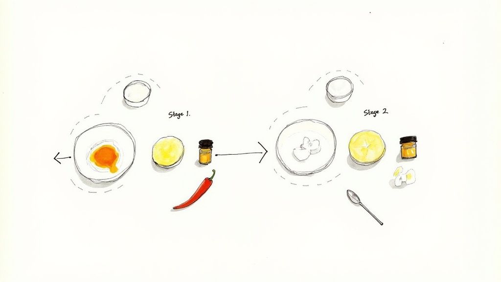 A bowl showing the rich, red tandoori marinade being mixed with chunks of chicken.