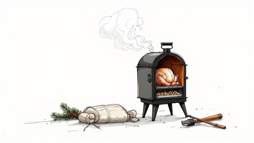 A roasted turkey in a smoker with smoke, a wrapped package, and holiday decorations.