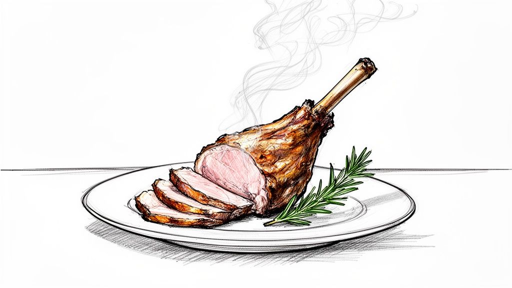 An illustration of a steaming, sliced roasted leg of lamb with rosemary on a white plate.