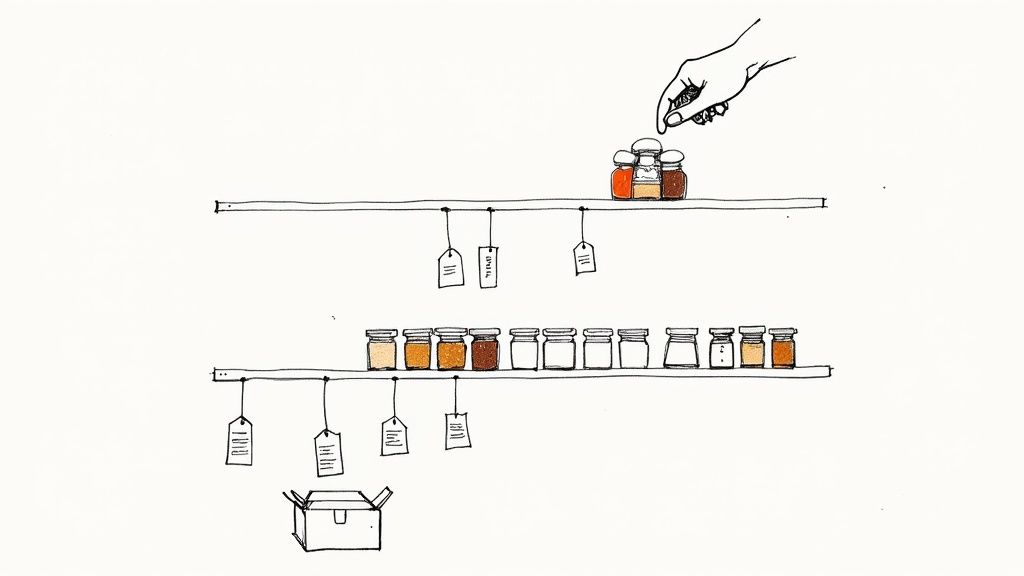 A person hand-selecting different spice cans to create a custom gift bundle.