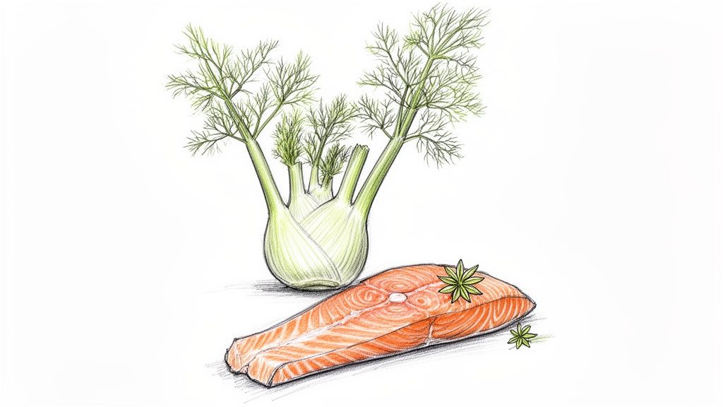 An illustration of a fresh fennel bulb with green fronds next to a raw salmon fillet.